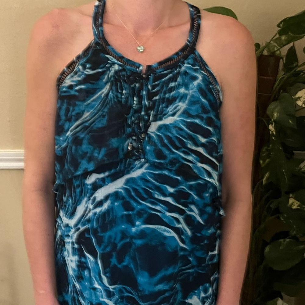 White House Black Market blue ruffle tank top with laces that tie at neck line - Picture 4 of 16